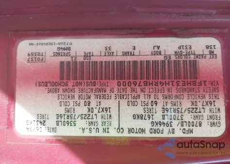 1994 Ford Econoline E350 z USA, uszkodzony, nr VIN 1FBHE31H4RHB76000